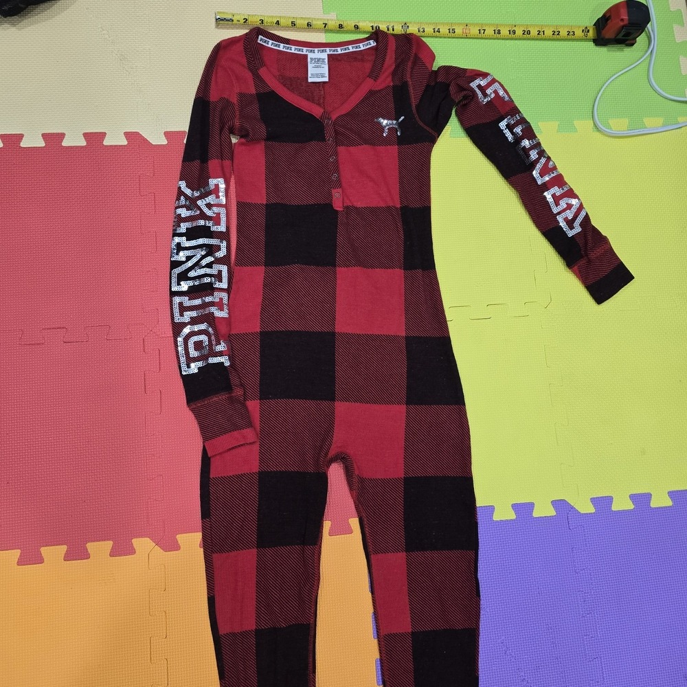 Victoria's Secret PINK One Piece Pajamas Thermal Red Plaid Sequin Logo XS